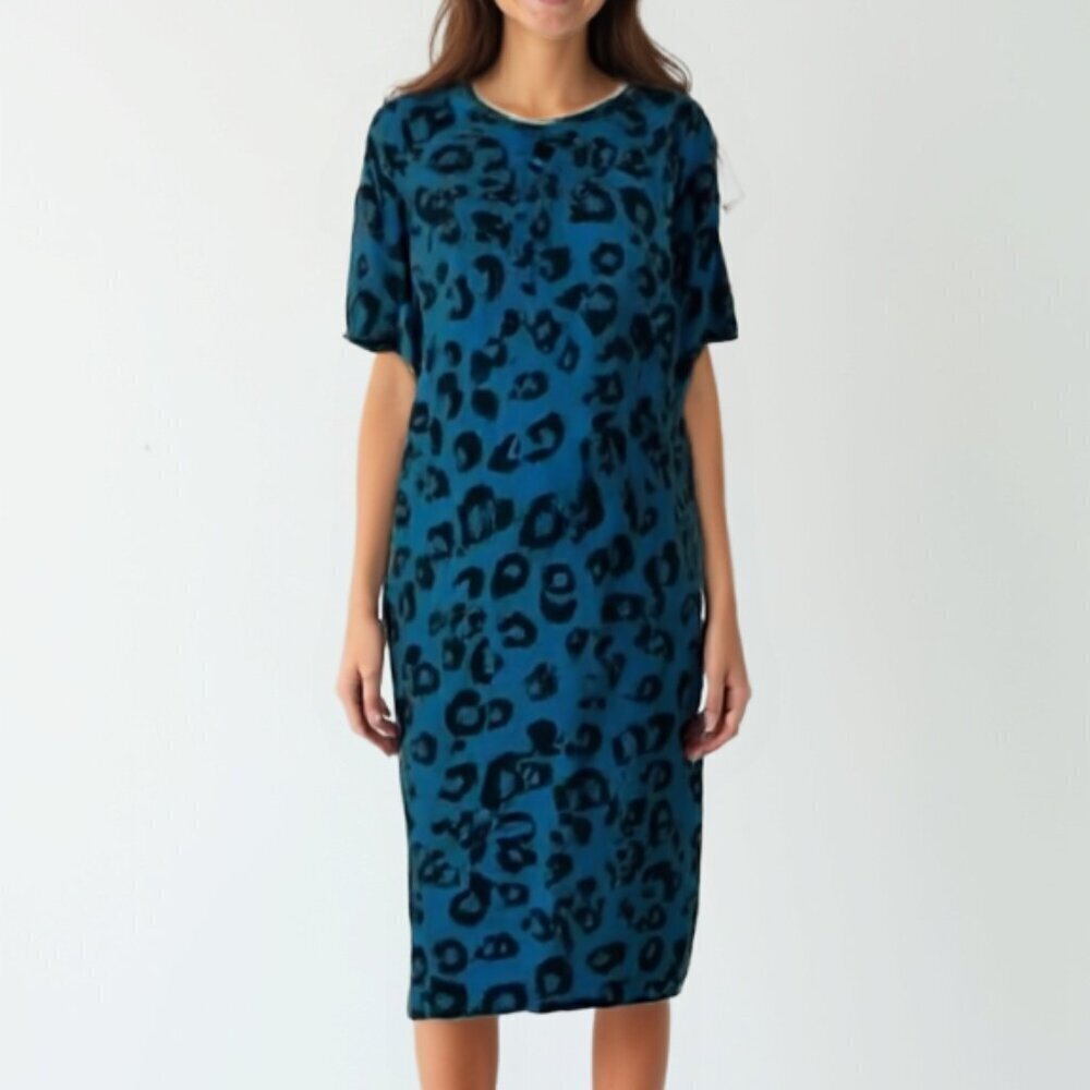 NWT Joe Fresh Blue Leopard Print Shift Dress S | Teal Cheetah Animal Print